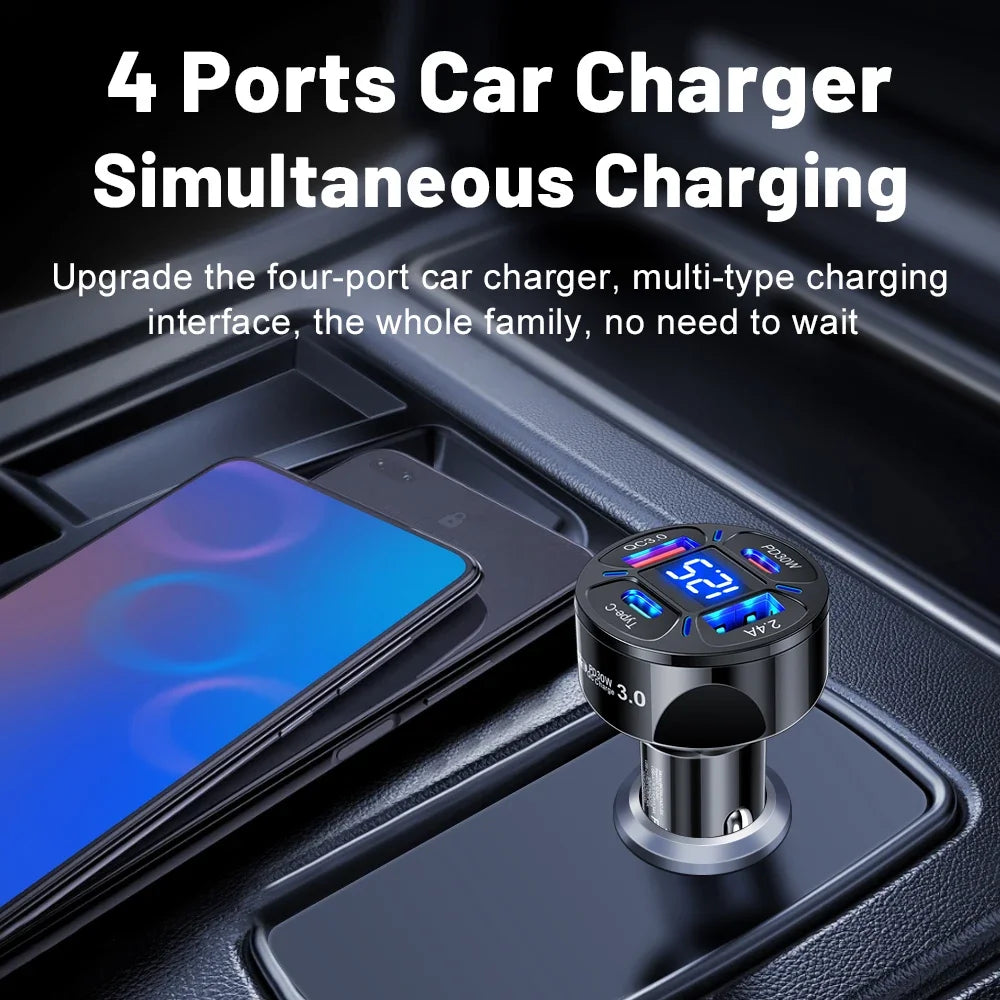 Karvixa 30W 4-Port USB-C Car Charger – PD Fast Charging & Digital Display