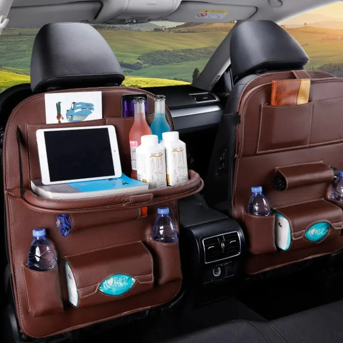 Karvixa Car Back Seat Organiser with Foldable Table Tray – PU Leather Storage