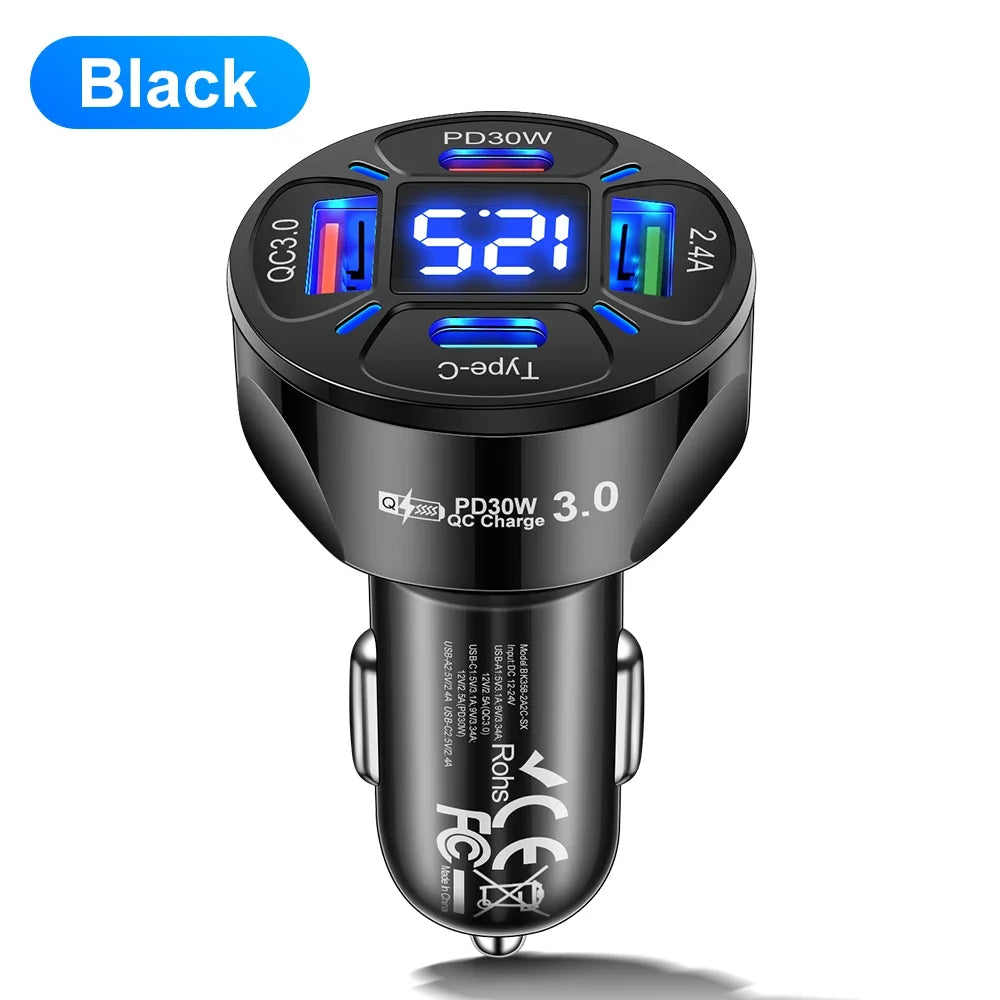 Karvixa 30W 4-Port USB-C Car Charger – PD Fast Charging & Digital Display