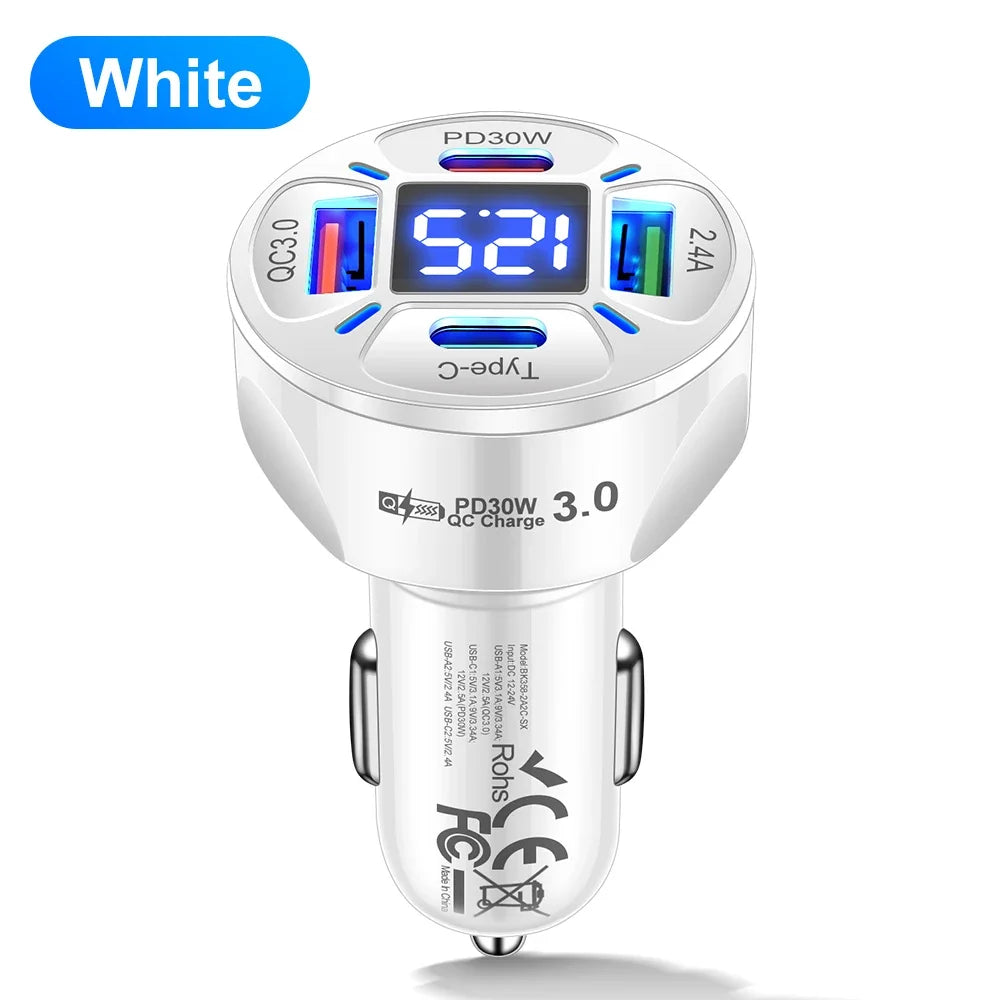Karvixa 30W 4-Port USB-C Car Charger – PD Fast Charging & Digital Display