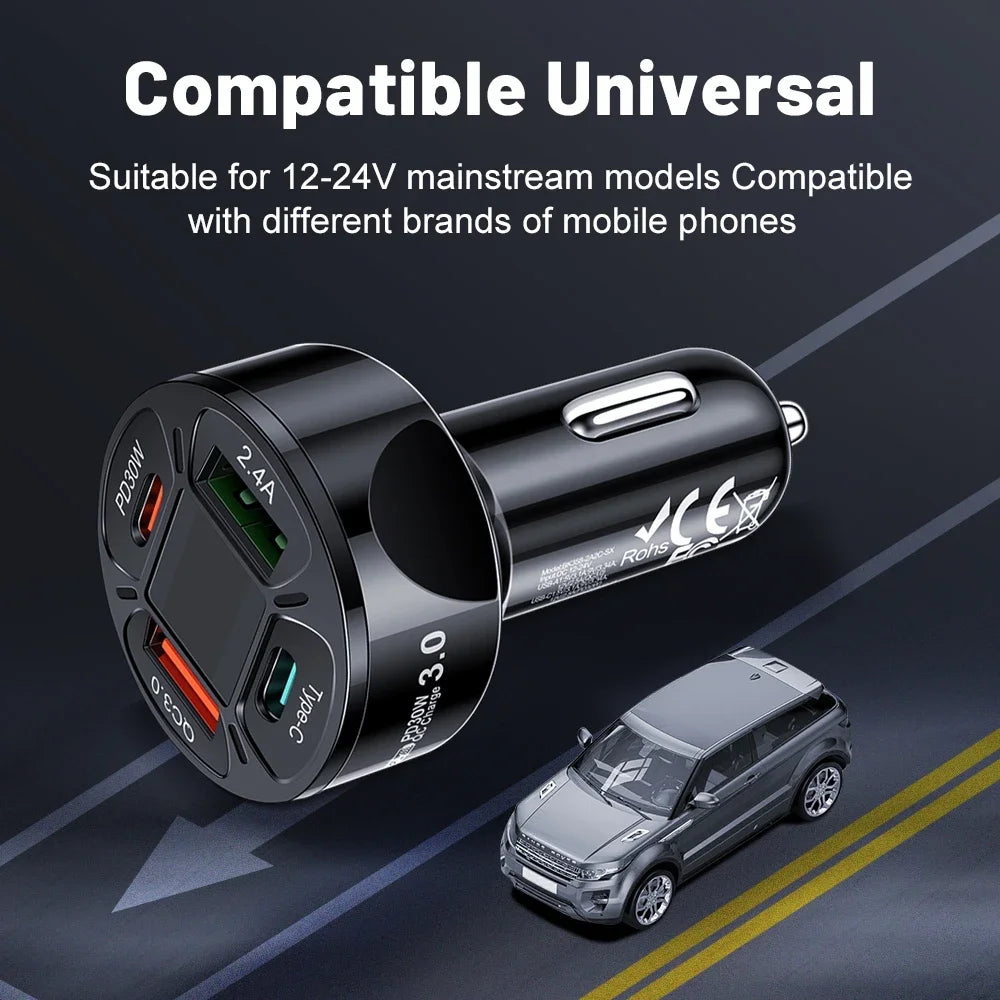 Karvixa 30W 4-Port USB-C Car Charger – PD Fast Charging & Digital Display