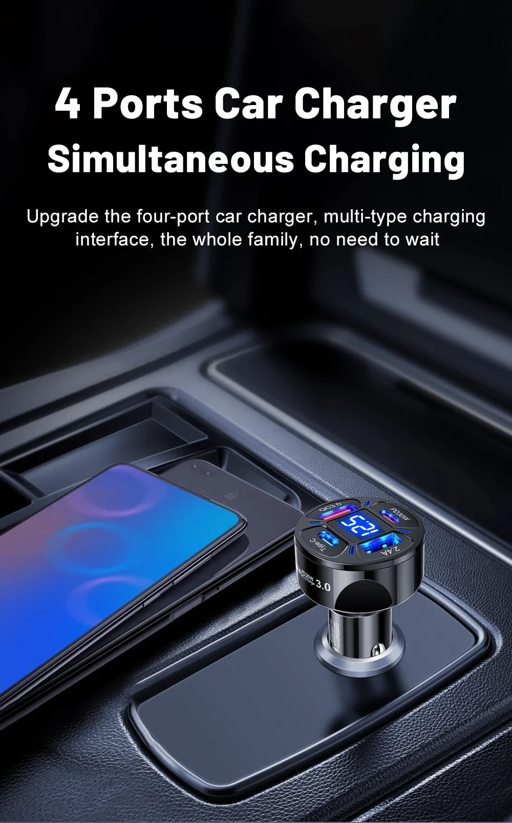 Karvixa 30W 4-Port USB-C Car Charger – PD Fast Charging & Digital Display