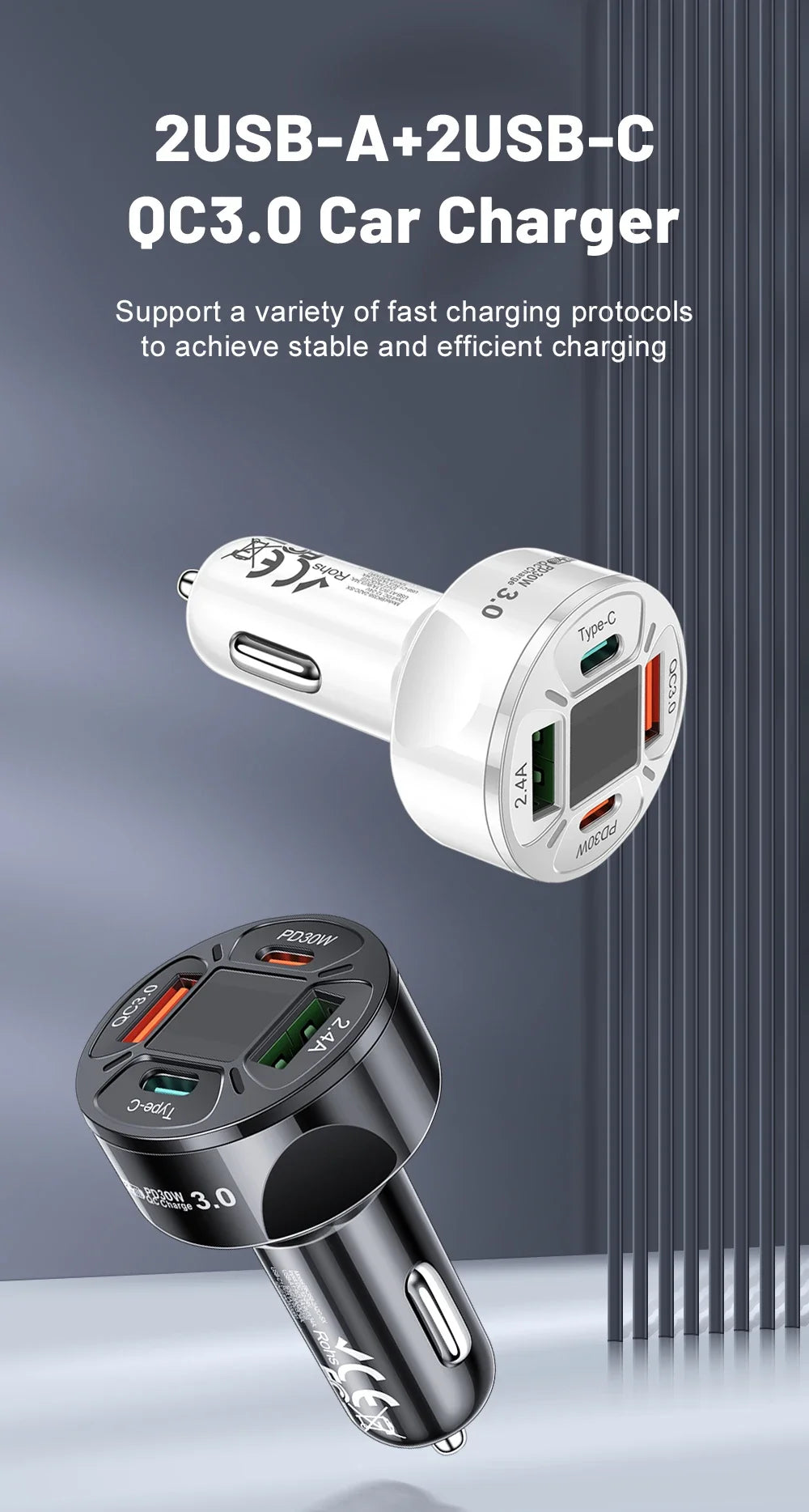 Karvixa 30W 4-Port USB-C Car Charger – PD Fast Charging & Digital Display