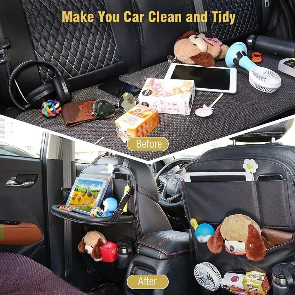Karvixa Car Back Seat Organiser with Foldable Table Tray – PU Leather Storage