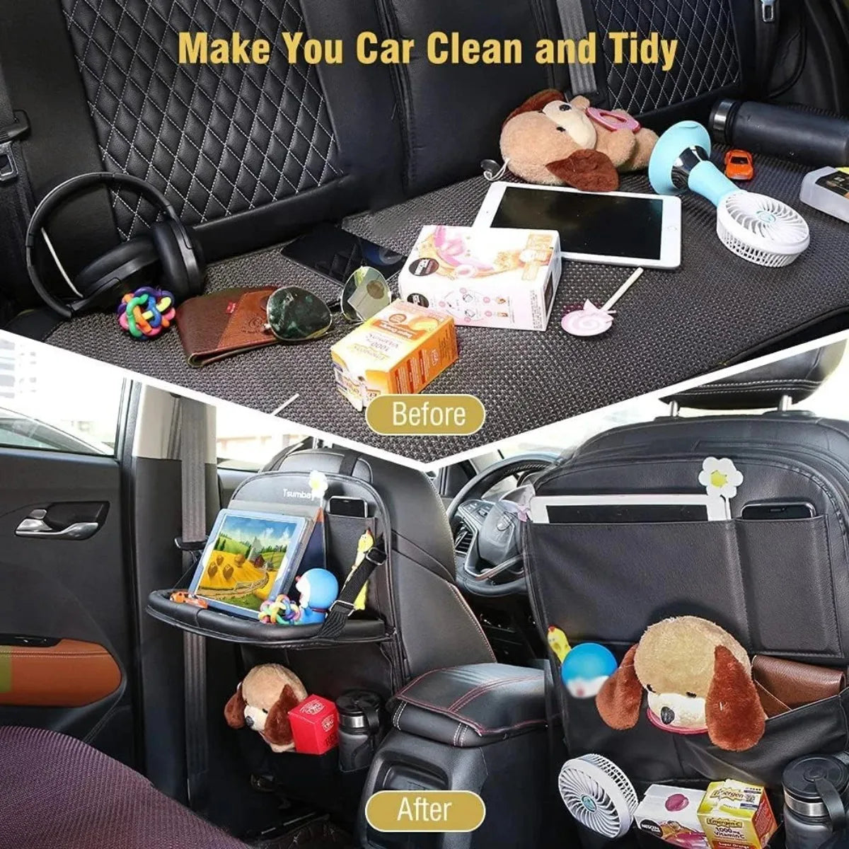 Karvixa Car Back Seat Organiser with Foldable Table Tray – PU Leather Storage