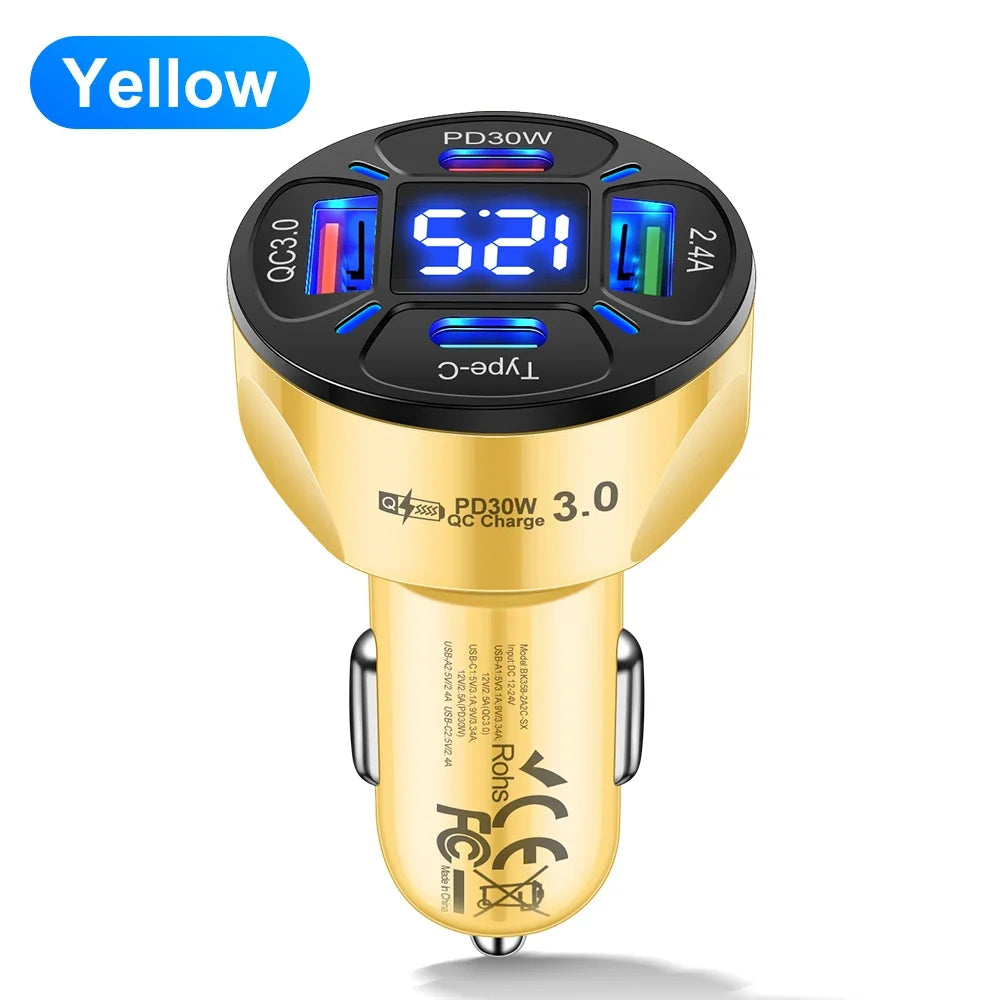 Karvixa 30W 4-Port USB-C Car Charger – PD Fast Charging & Digital Display