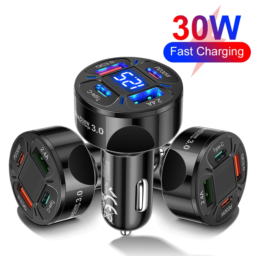 Karvixa 30W 4-Port USB-C Car Charger – PD Fast Charging & Digital Display