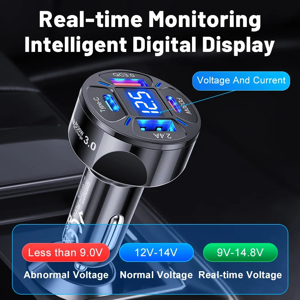 Karvixa 30W 4-Port USB-C Car Charger – PD Fast Charging & Digital Display