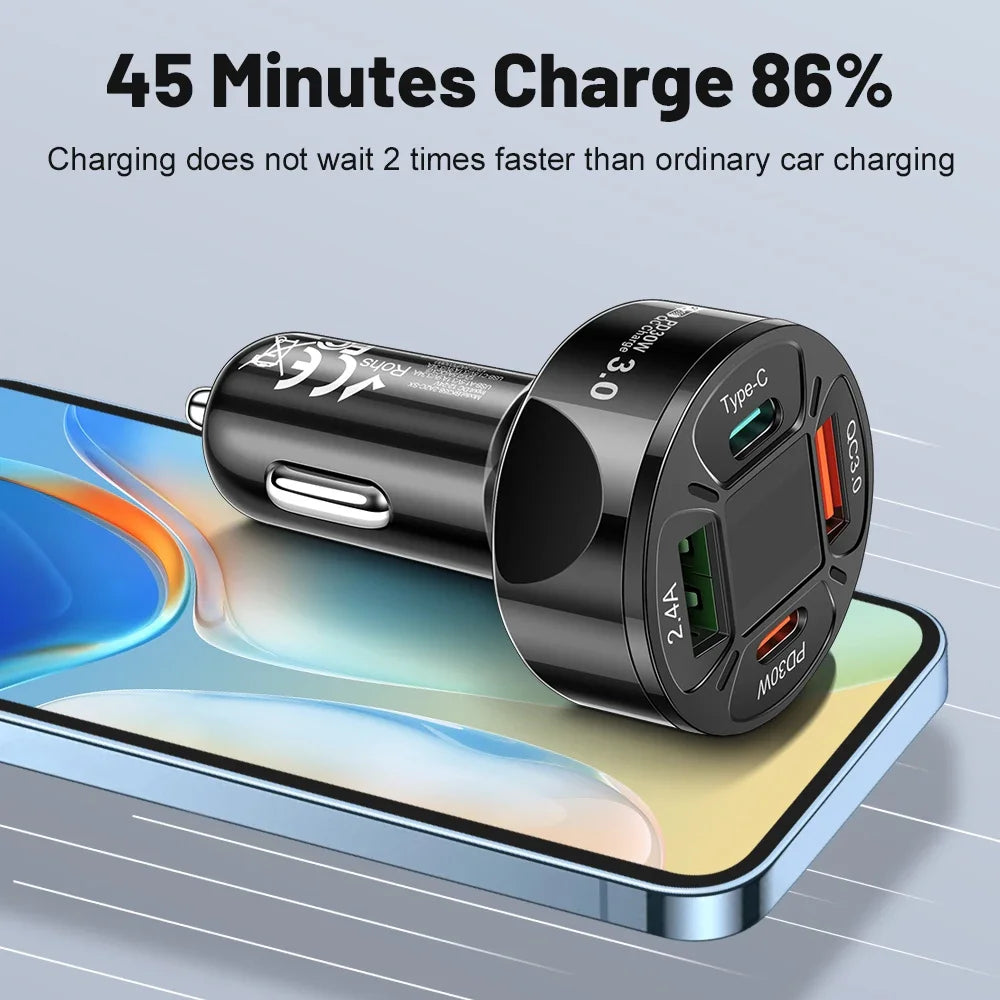 Karvixa 30W 4-Port USB-C Car Charger – PD Fast Charging & Digital Display
