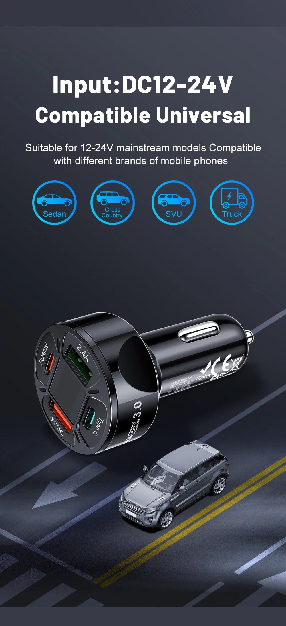 Karvixa 30W 4-Port USB-C Car Charger – PD Fast Charging & Digital Display