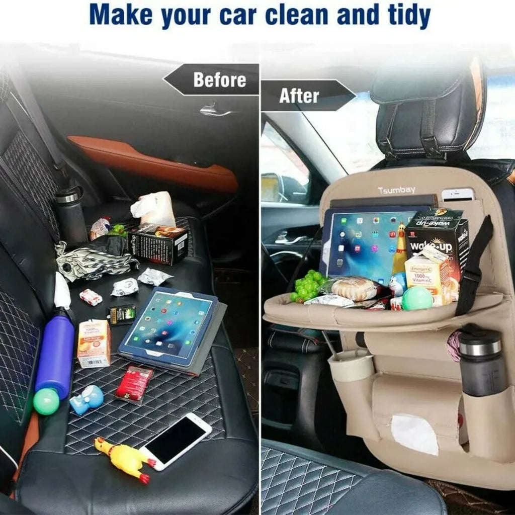 Karvixa Car Back Seat Organiser with Foldable Table Tray – PU Leather Storage