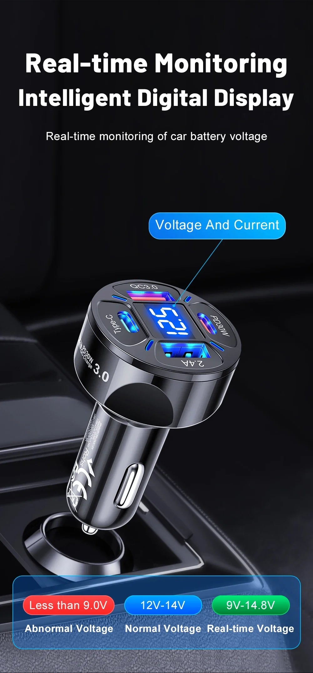 Karvixa 30W 4-Port USB-C Car Charger – PD Fast Charging & Digital Display