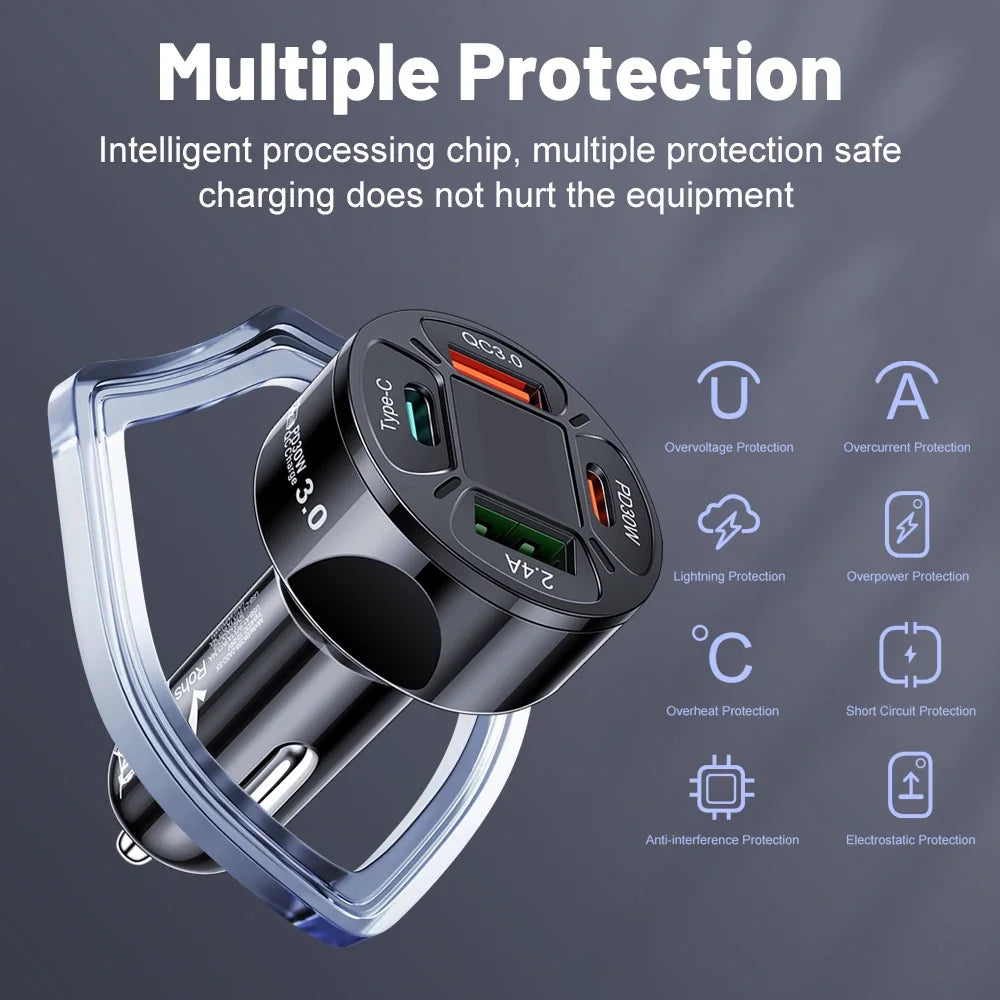 Karvixa 30W 4-Port USB-C Car Charger – PD Fast Charging & Digital Display